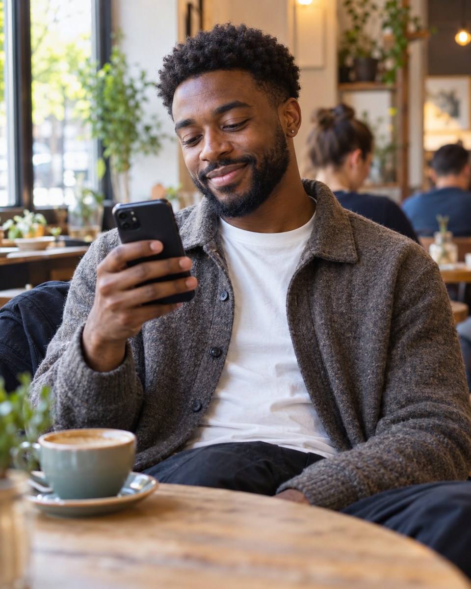 A young man enjoying a quiet moment with his phone in a London café