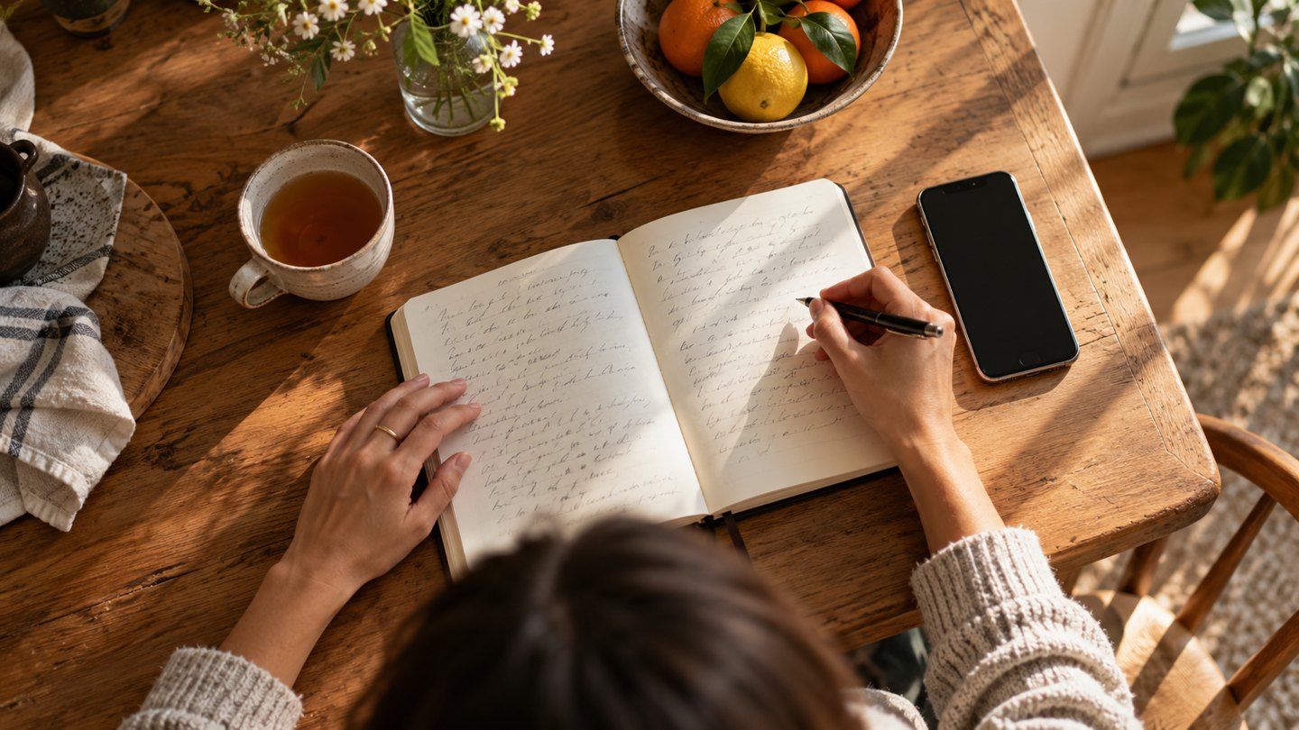 A quiet moment with a notebook, tea and phone at home