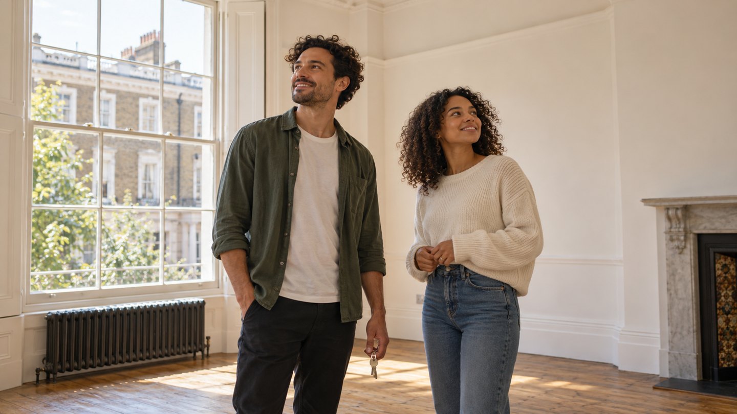 A young couple holding keys while viewing a bright new home
