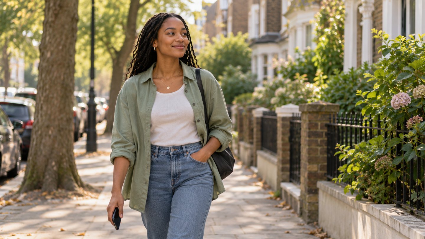 A woman enjoying a relaxed walk along a leafy London street
