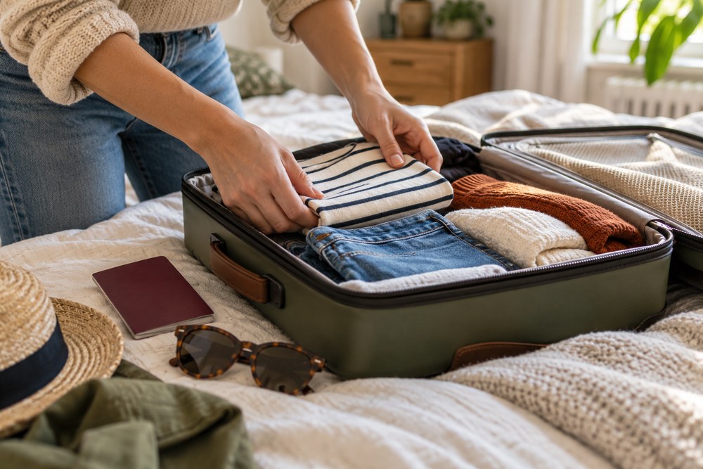 Hands packing a small suitcase with a passport and sunglasses for a weekend trip